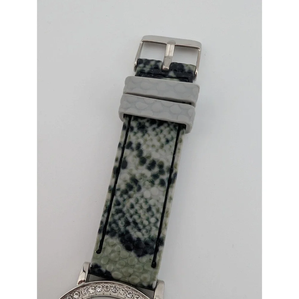 Women's Quartz Watch 41mm Case Rhinestone Bezel Black/Gray Silicone Band Working
